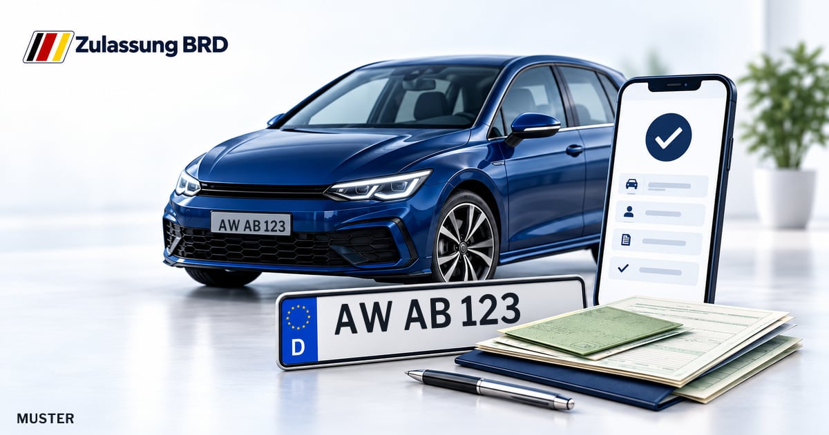 Online Fahrzeugzulassung in Bad Neuenahr-Ahrweiler: Musterkennzeichen AW AB 123, Auto und Fahrzeugpapiere und Smartphone. Illustration mit Logo von Zulassung BRD.
